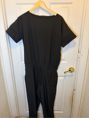 Albion Black Short-Sleeve Jumpsuit with Elastic Waist Zipper Leg